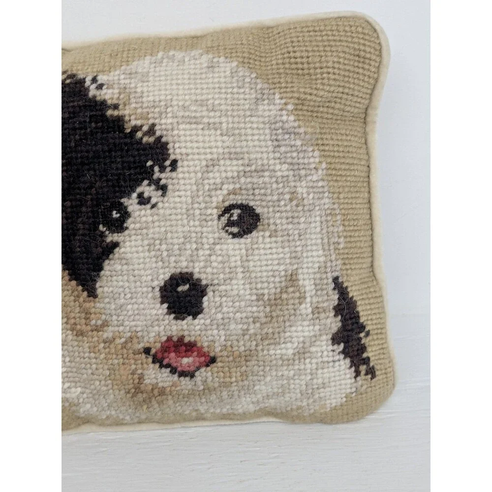Vtg Needlepoint Dog Pillow Old English Sheepdog/Sheepadoodle Black White 7